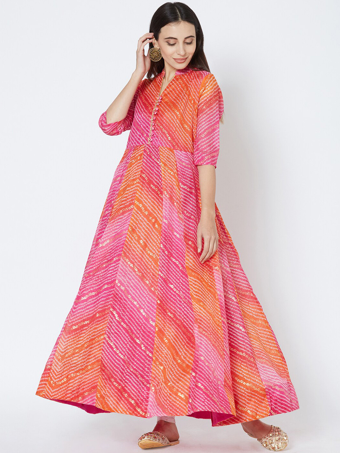 

FASHOR Women Pink & Orange Printed Anarkali Kurta