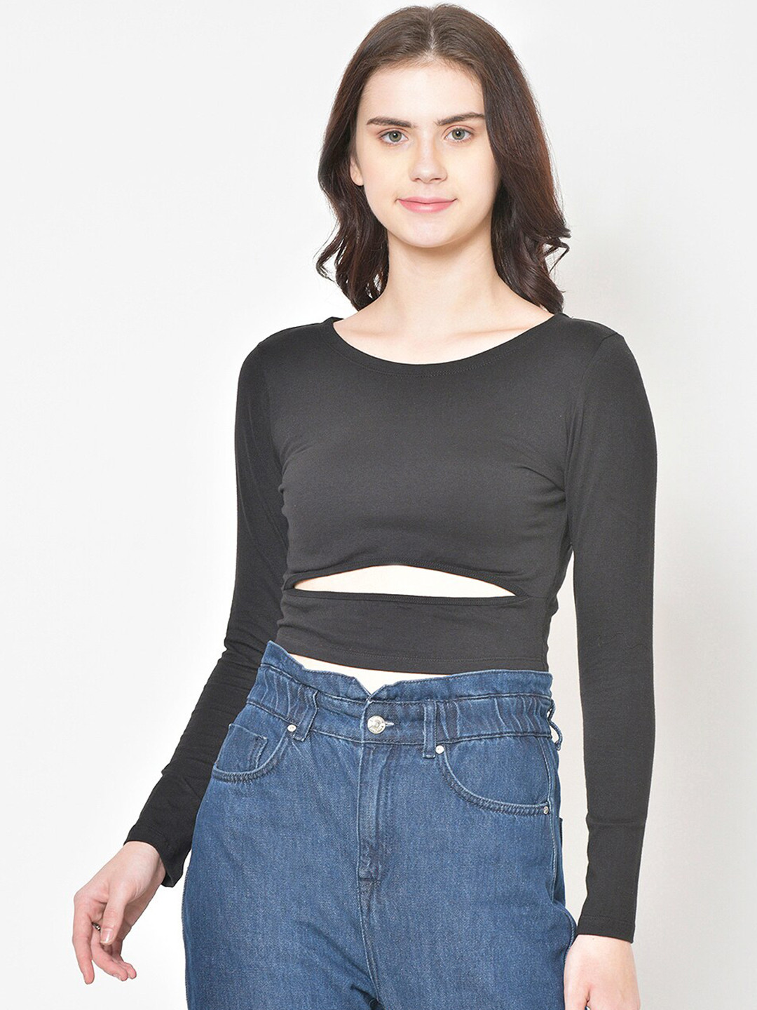 

Cation Women Black Solid Crop Pure Cotton Top