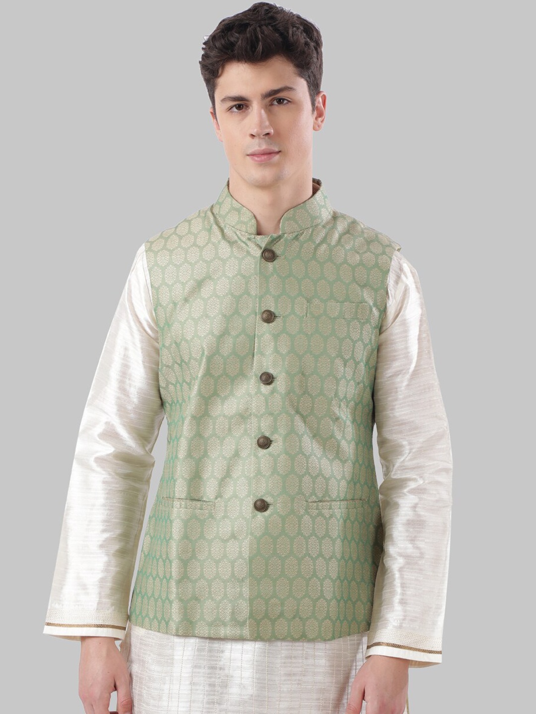 

Ethnix by Raymond Men Green & Beige Printed Nehru Jacket