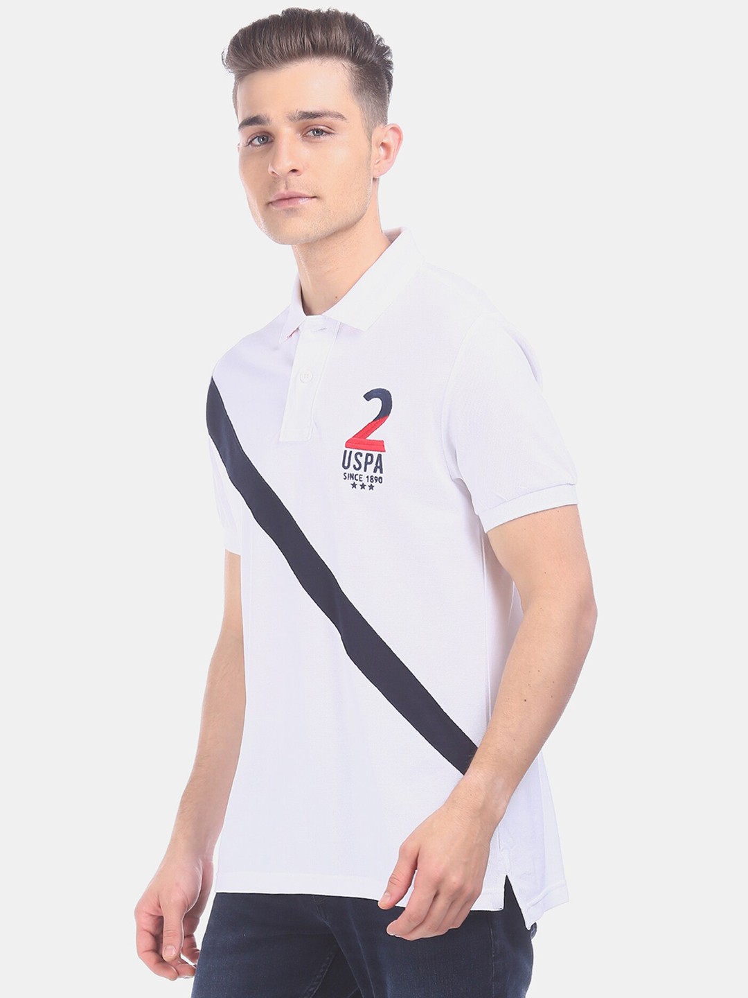 

U.S. Polo Assn. Men White Colourblocked Polo Collar Pure Cotton T-shirt