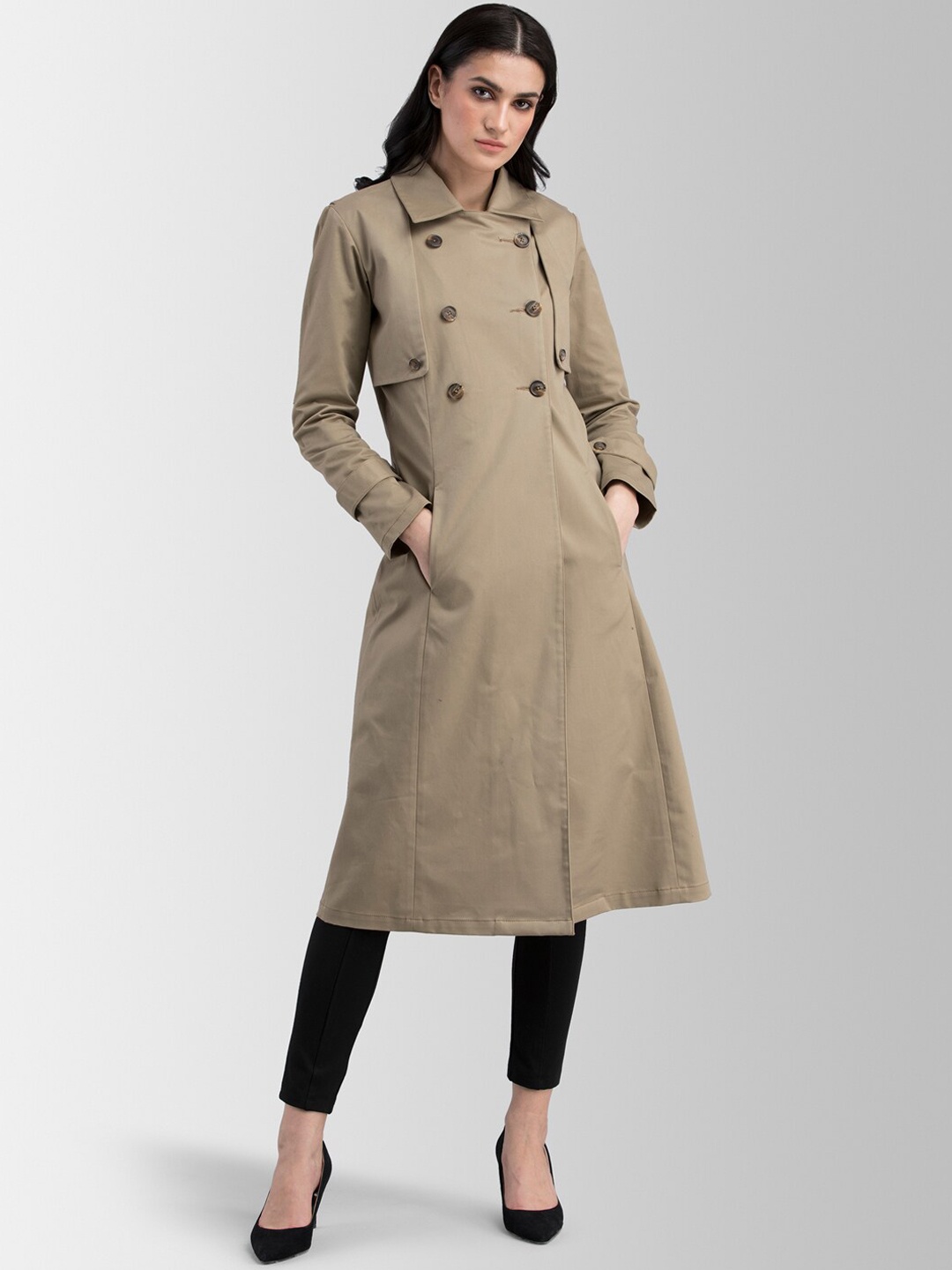 

FableStreet Women Beige Solid Longline Trench Coat