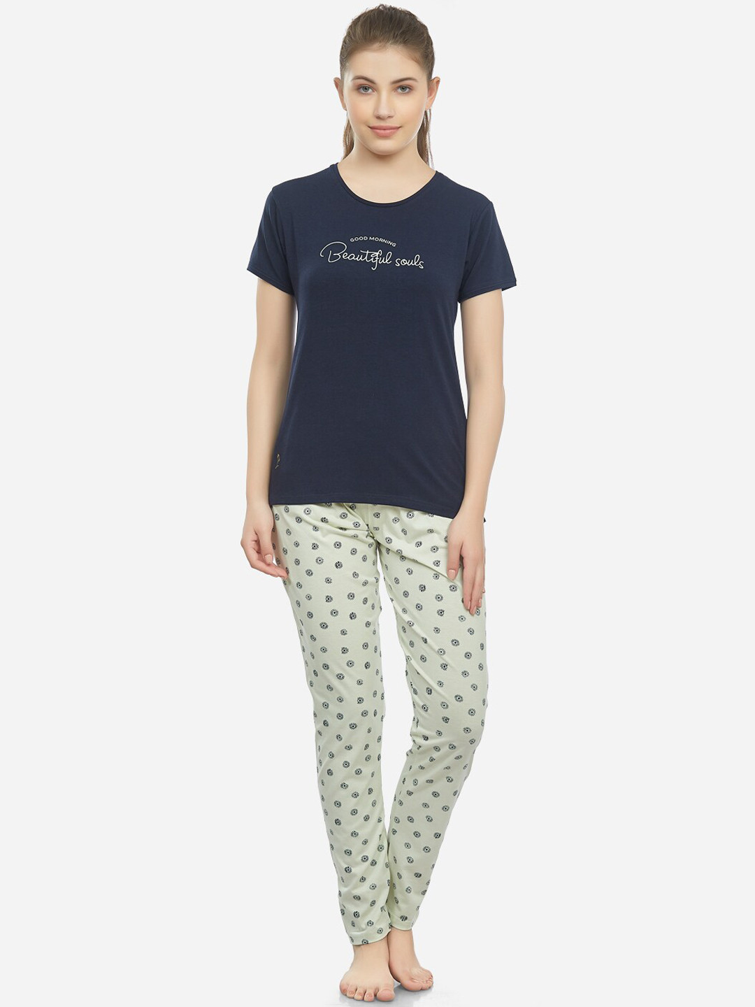 

Lenissa Women Navy Blue & Off-White Printed Night Suit