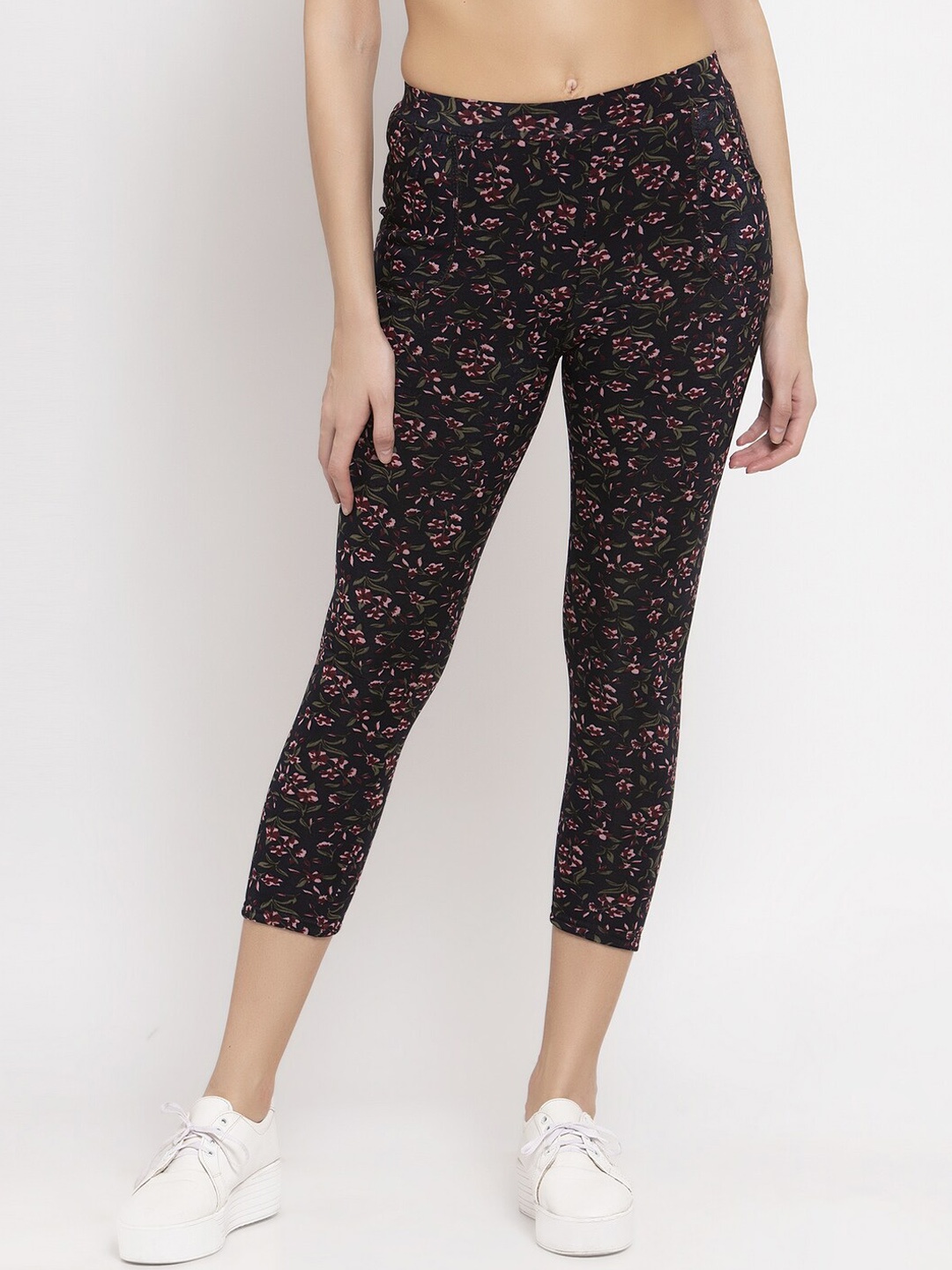 

KLOTTHE Women Black And Pink Floral Printed Treggings