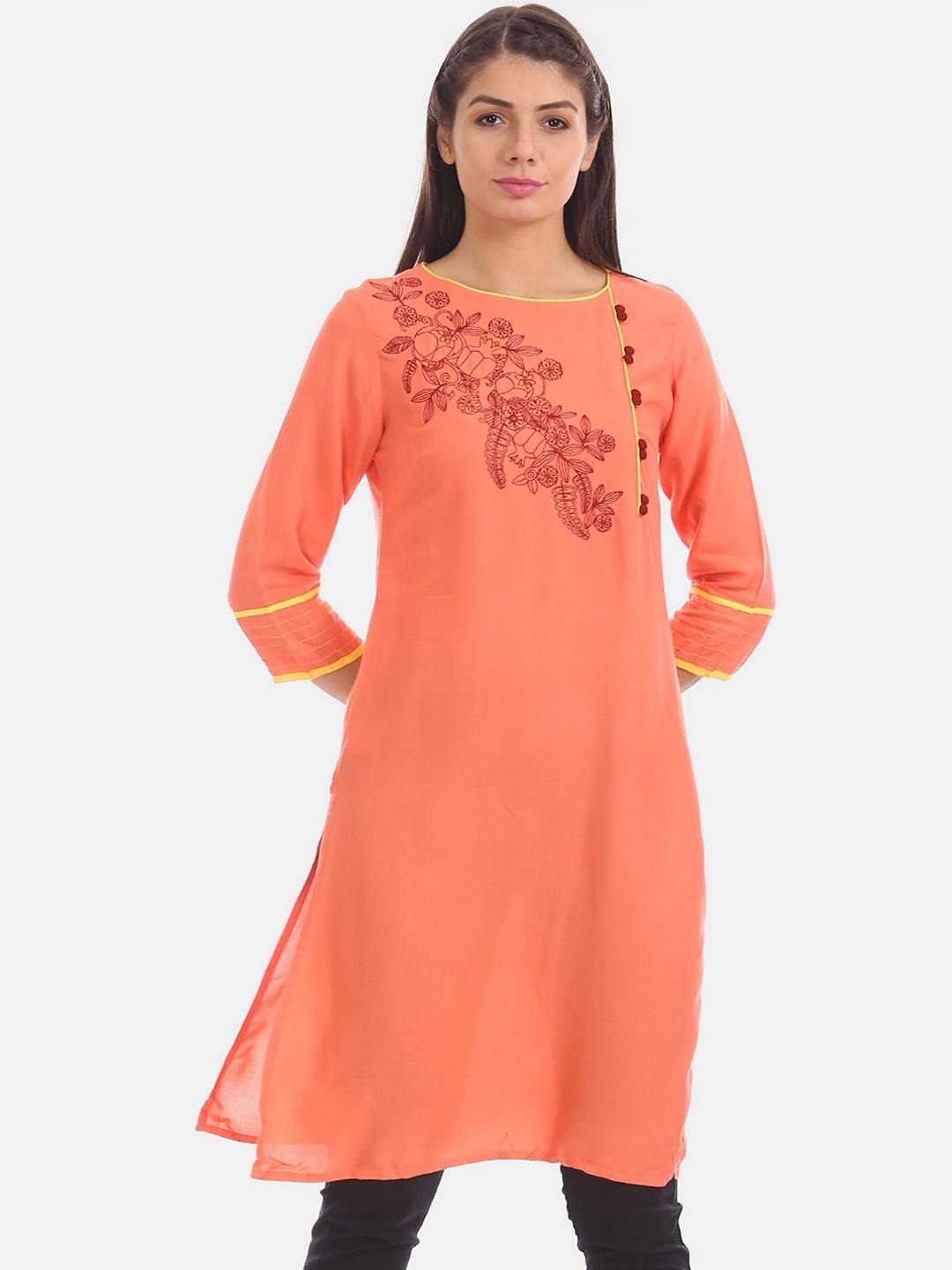 

Karigari Women Coral Orange & Brown Floral Embroidered Straight Kurta