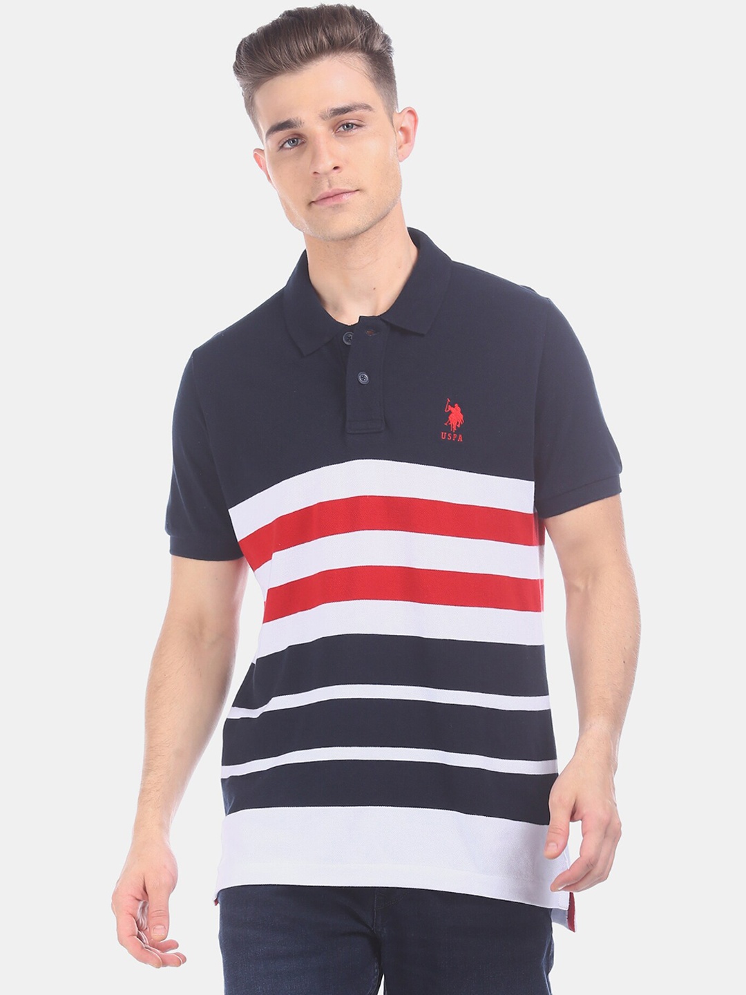 

U.S. Polo Assn. Men Navy Blue Red Striped Polo Collar Pure Cotton T-shirt