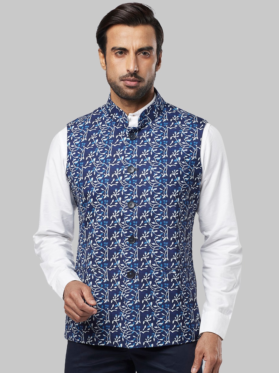 

Ethnix by Raymond Men Blue Printed Nehru Jacket
