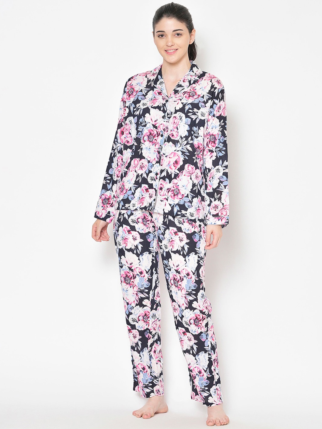 

Cation Women Navy Blue & Pink Printed Night Suit