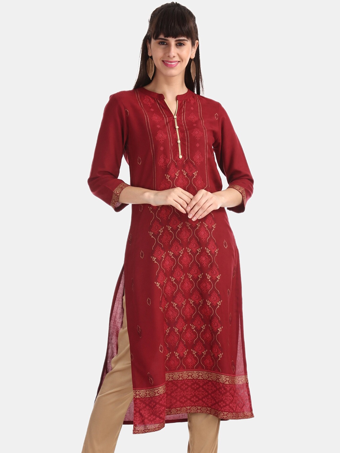 

Karigari Women Maroon & Pink Printed Straight Kurta