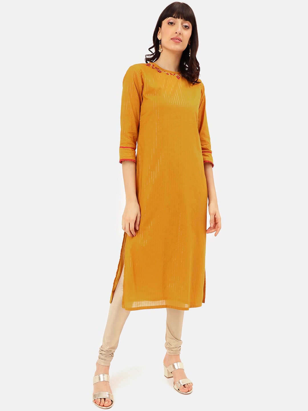 

Saaki Women Mustard Yellow Embroidered Straight Kurta
