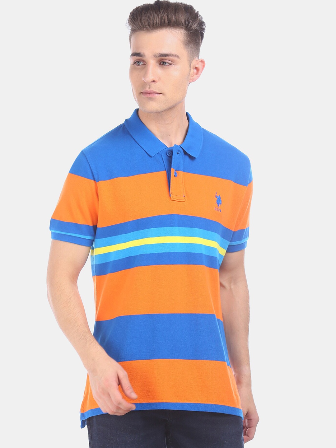 

U.S. Polo Assn. Men Blue Striped Polo Collar Pure Cotton T-shirt