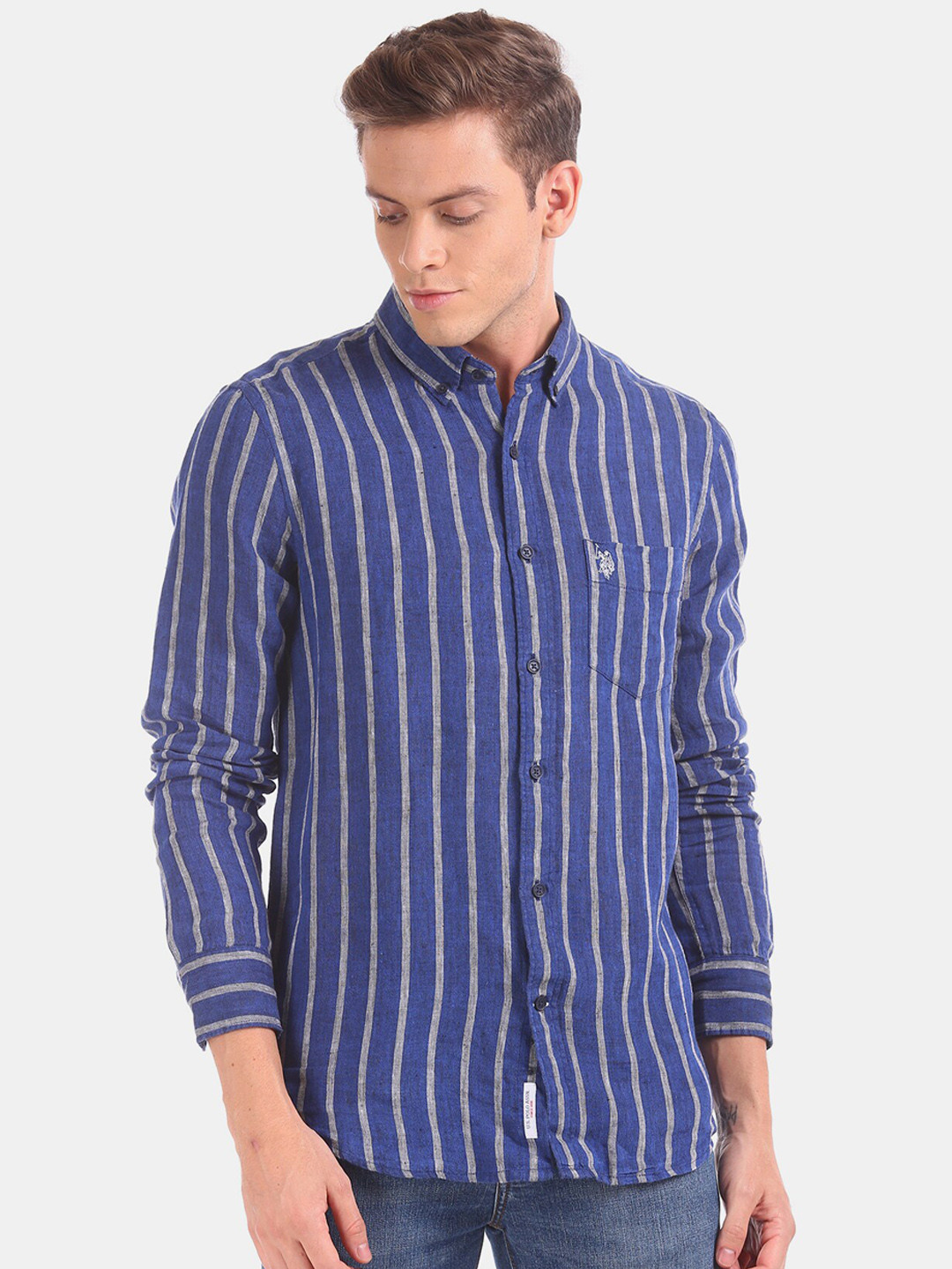 

U.S. Polo Assn. Men Blue & Grey Regular Fit Striped Casual Shirt