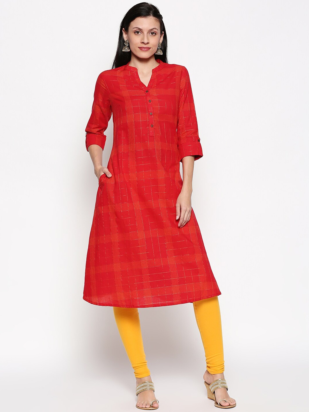 

RANGMANCH BY PANTALOONS Women Red Checked A-Line Kurta