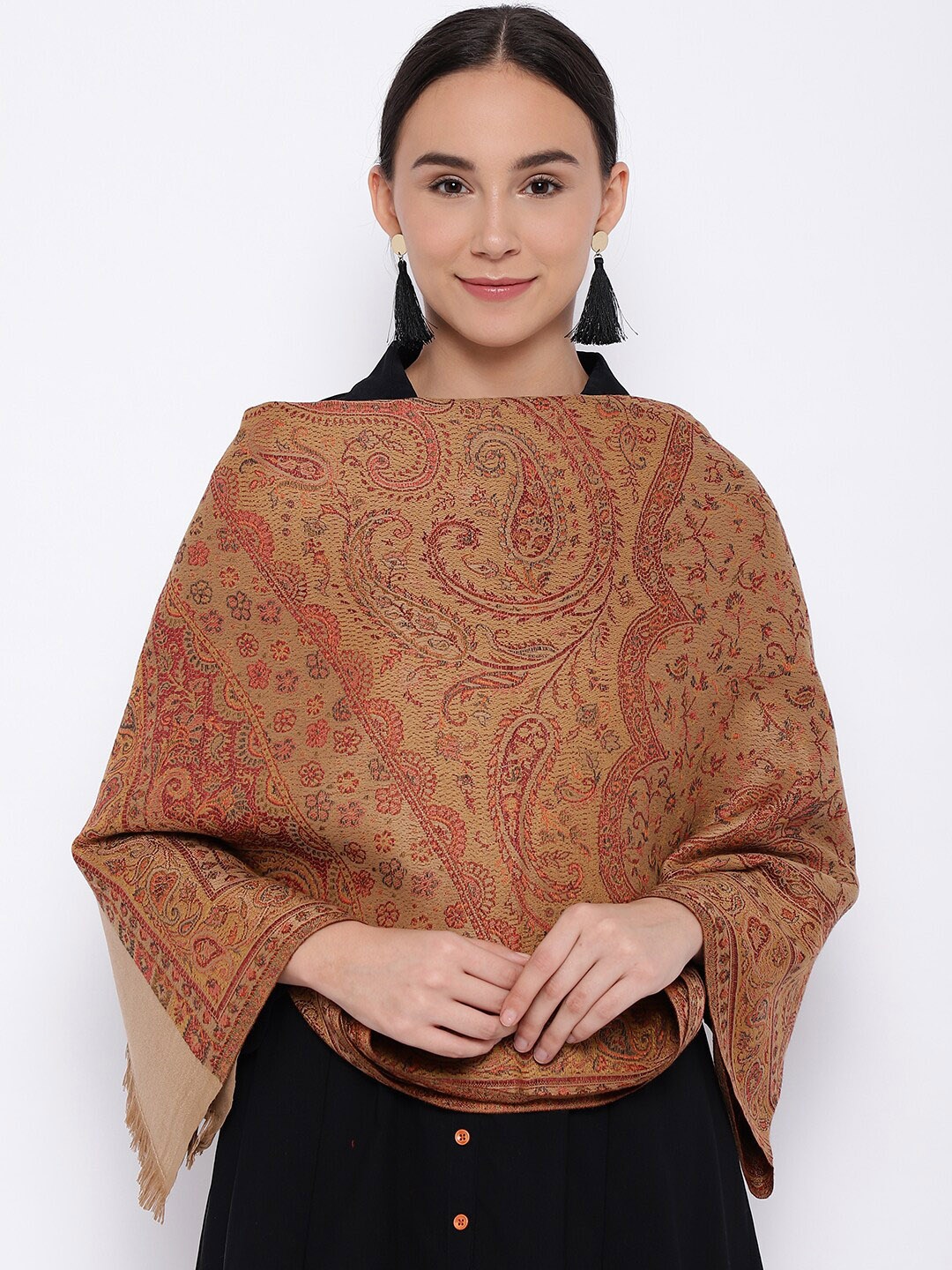 

Pashmoda Women Beige & Red Woven-Design Jamawar Shawl