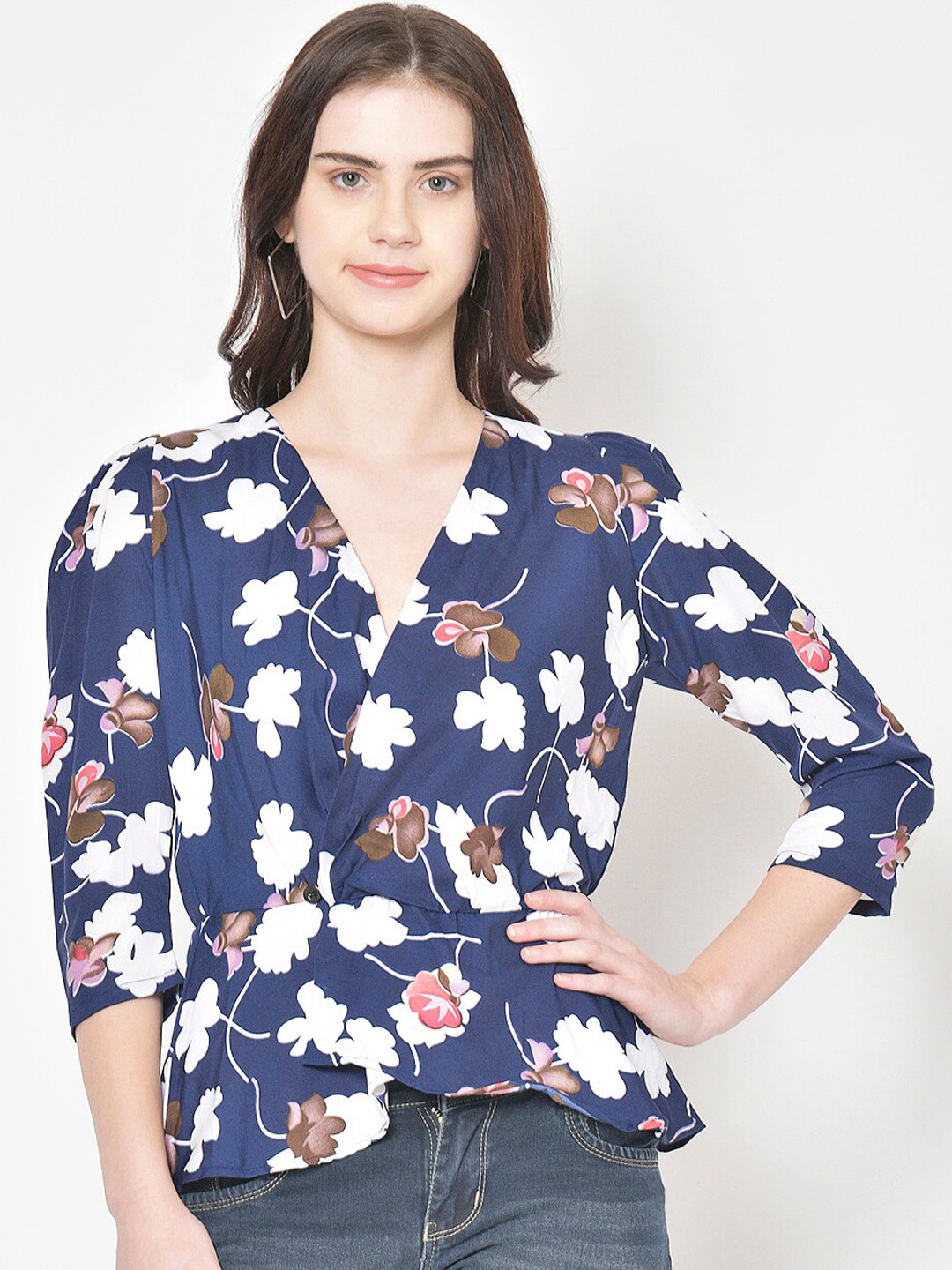 

Cation Women Blue & White Floral Printed Wrap Top