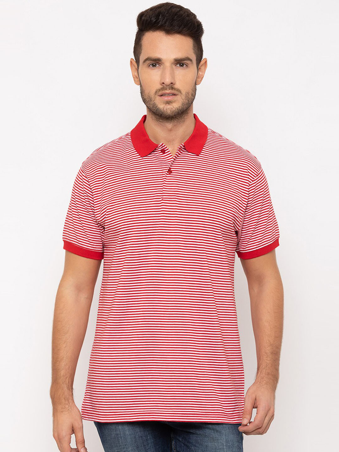 

Globus Men Red & White Striped Polo Collar T-shirt