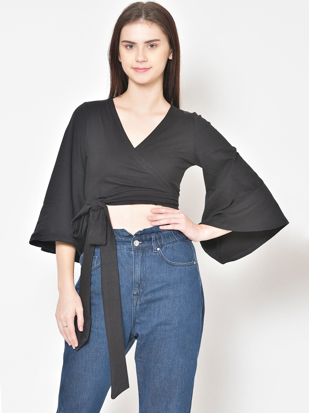 

Cation Women Black Solid Wrap Crop Pure Cotton Top
