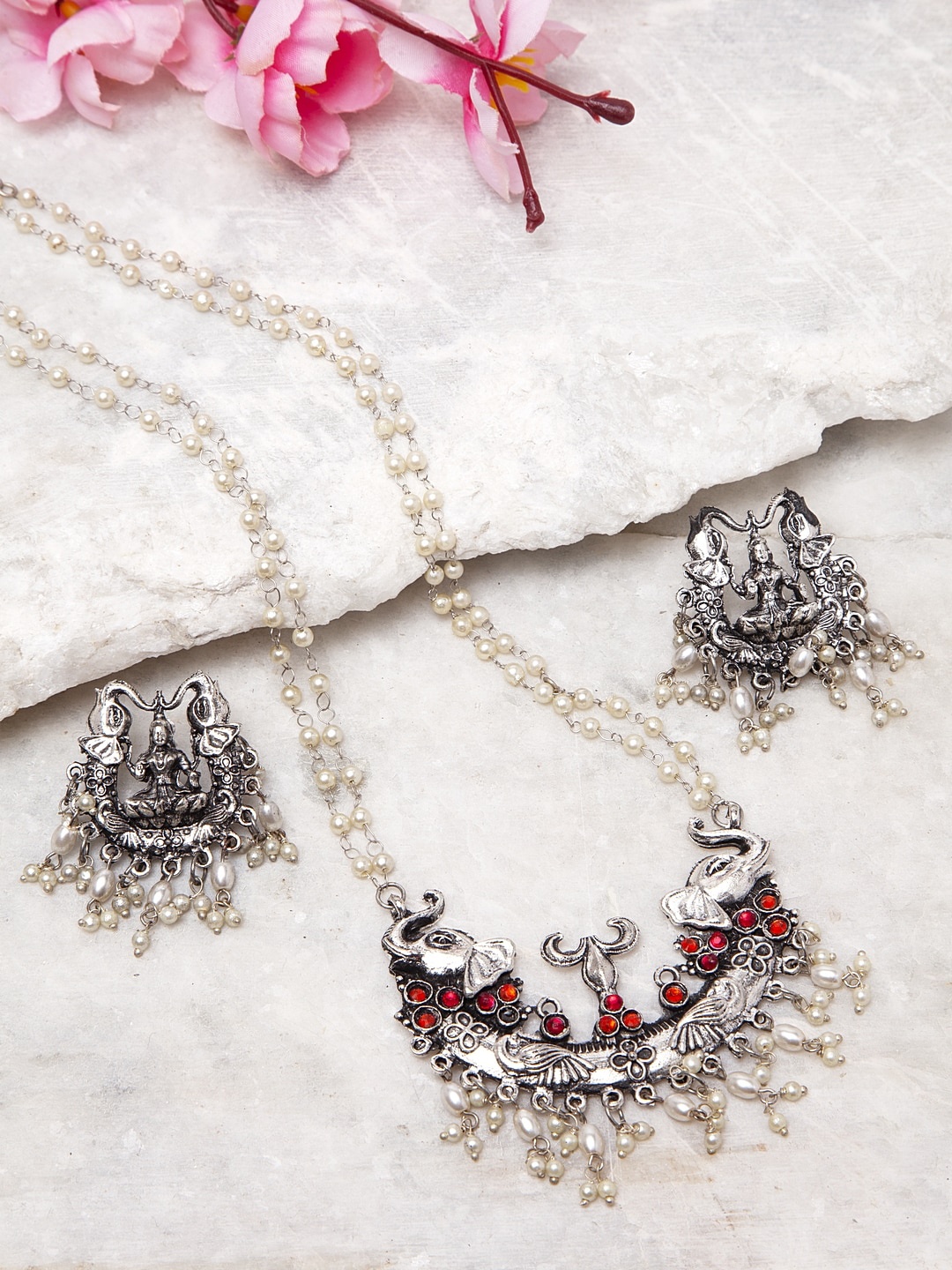 

Moedbuille Women Oxidised Silver-Plated White & Pink Stone-Studded Crystal Beaded Temple Jewellery Set