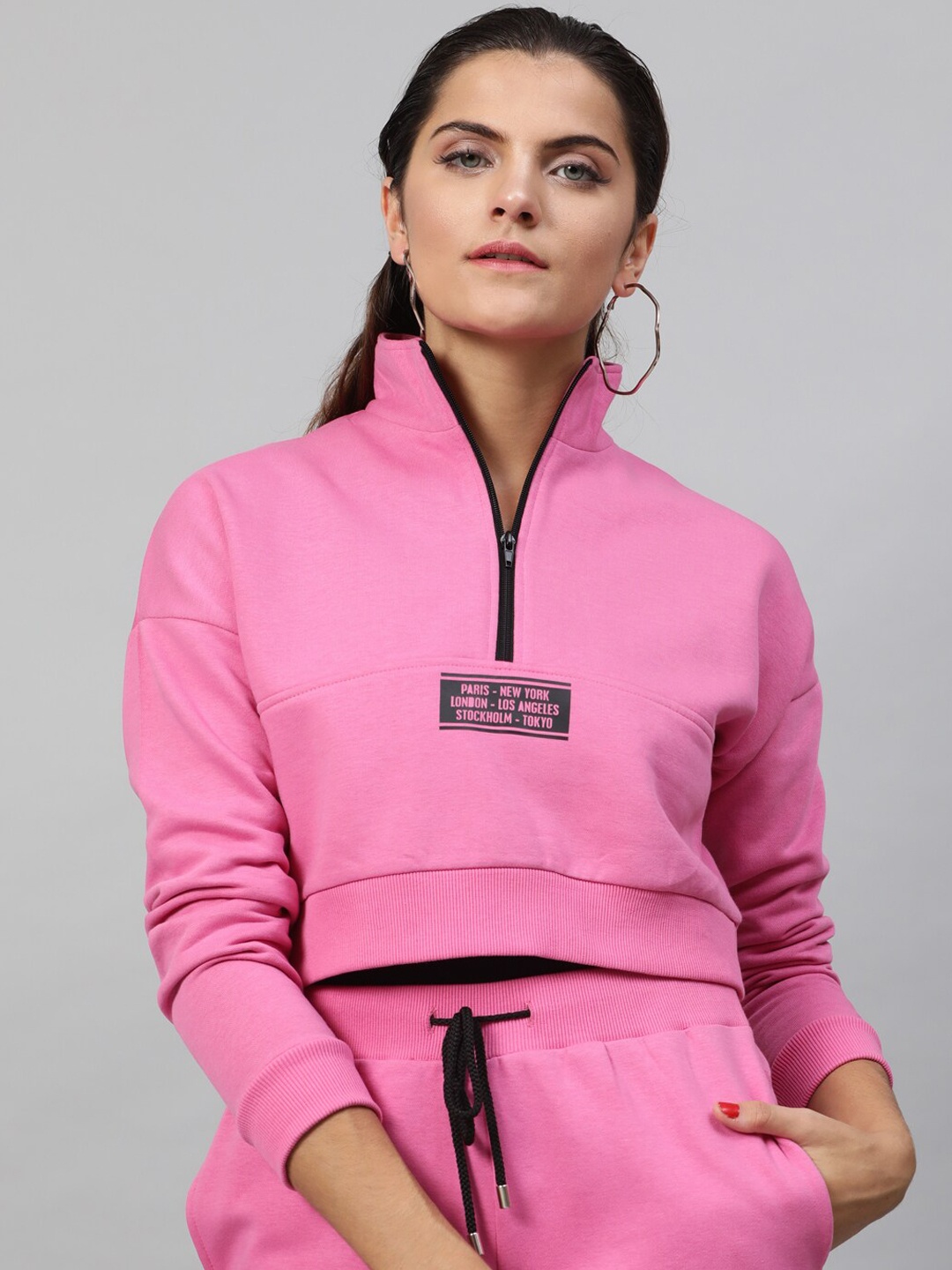 

STREET 9 Women Pink Solid Crop Sweatshirt