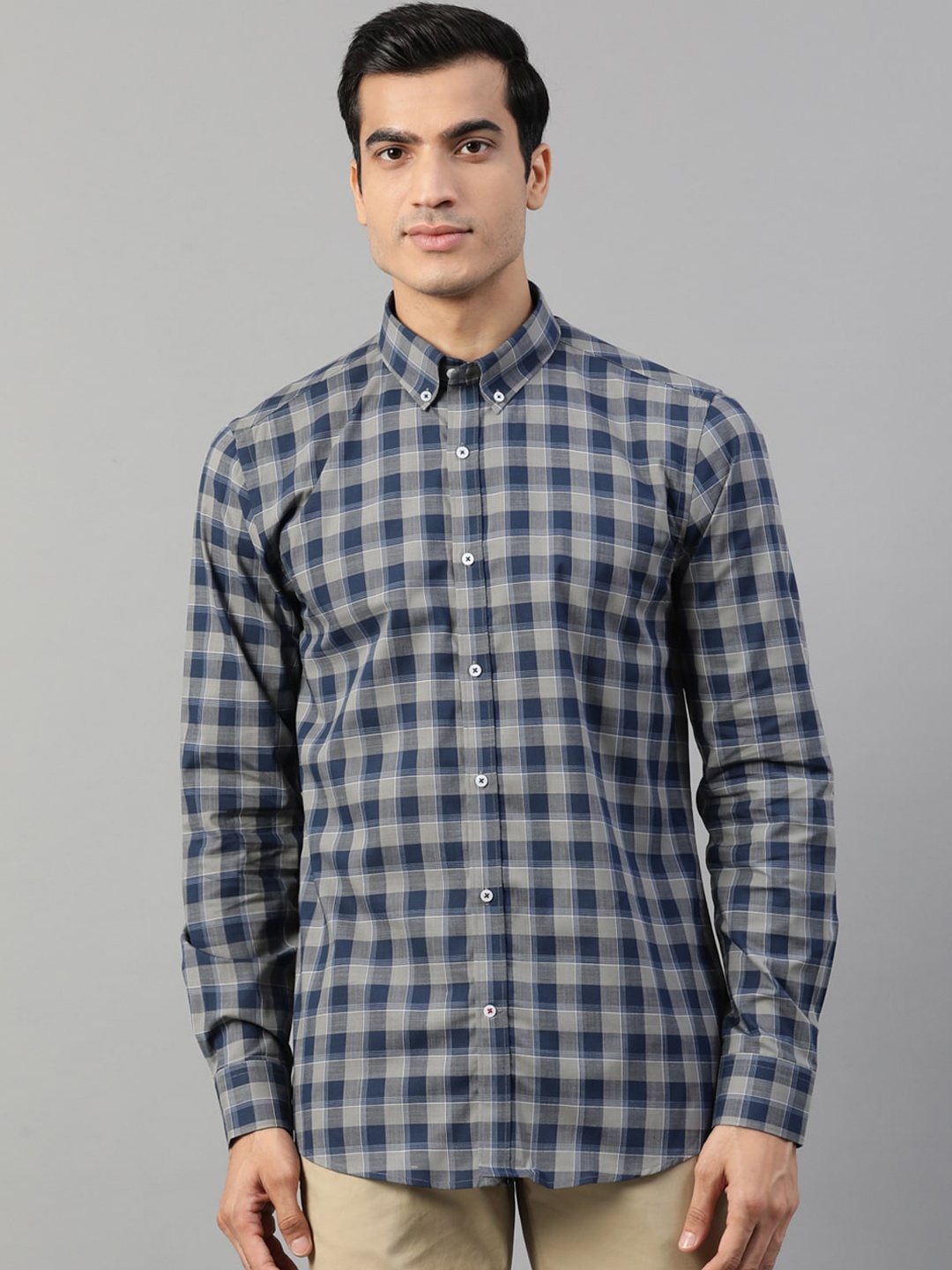 

HARSAM Men Navy Blue & Olive Green Regular Fit Checked Formal Shirt