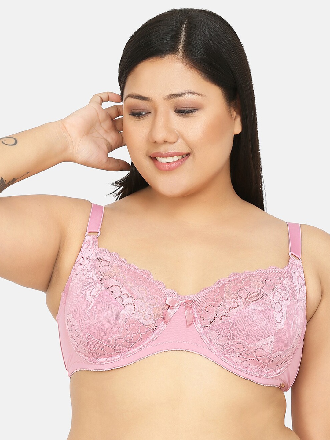 

Curvy Love Plus Size Women Pink Lace Non-Padded Underwired Plunge Bra CL-16 PINK-C20