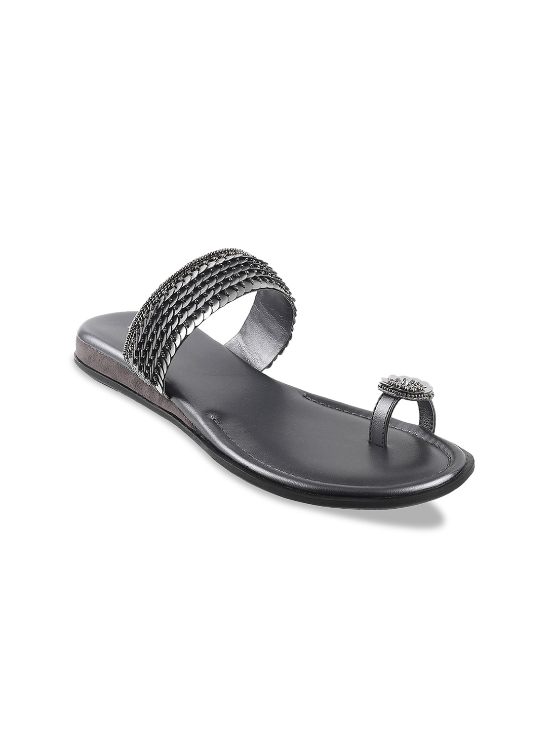 

Mochi Women Gunmetal-Toned Embellished One Toe Flats, Metallic