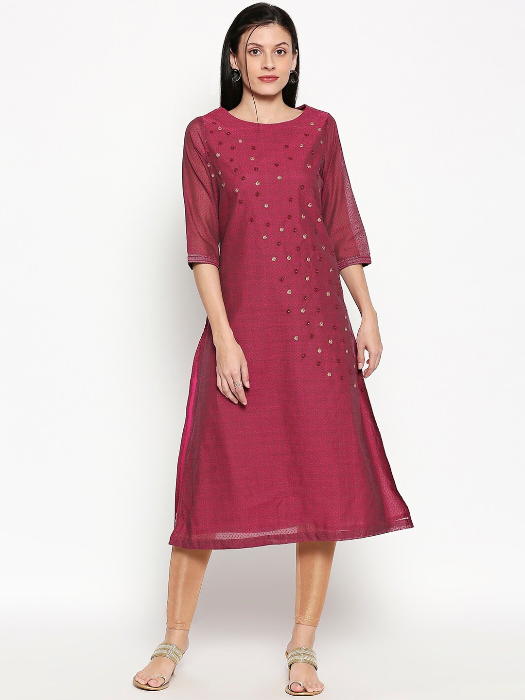 

RANGMANCH BY PANTALOONS Women Burgundy Embroidered A-Line Kurta