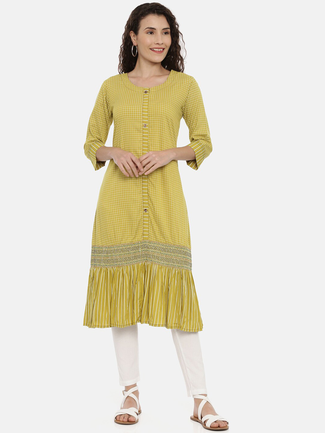 

Neerus Women Lime Green & White Checked A-Line Kurta
