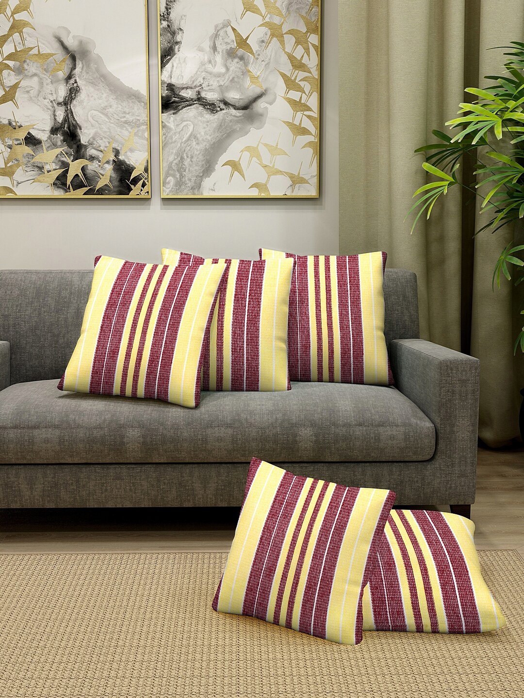 

KLOTTHE Set Of 5 Maroon & Yellow Cotton Striped Floor Cushions
