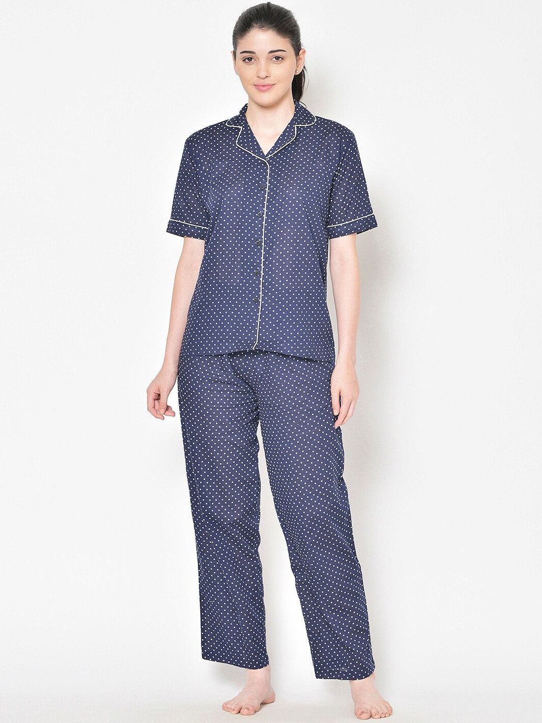 

Cation Women Navy & White Printed Cotton Night Suit, Navy blue