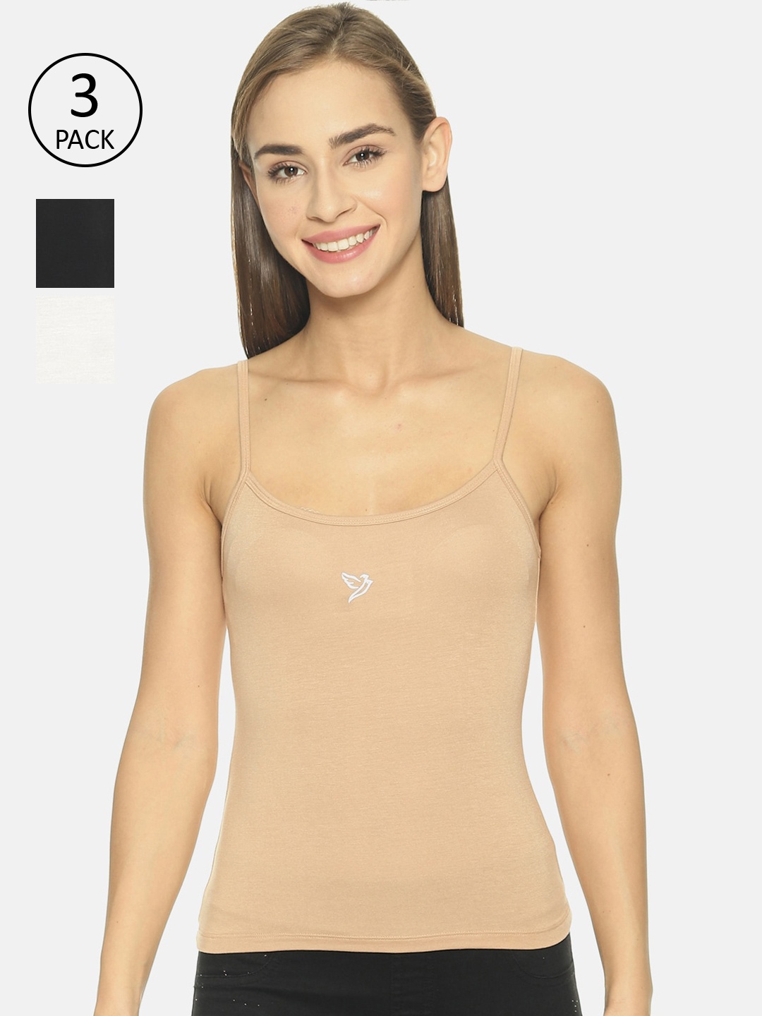 

TWIN BIRDS Women Pack Of 3 Black, White & Beige Solid Camisoles