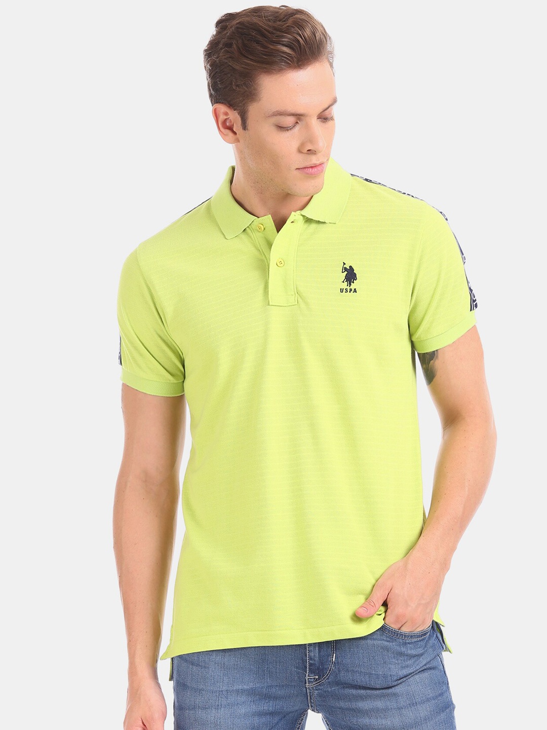 

U.S. Polo Assn. Men Fluorescent Green Solid Polo Collar T-shirt