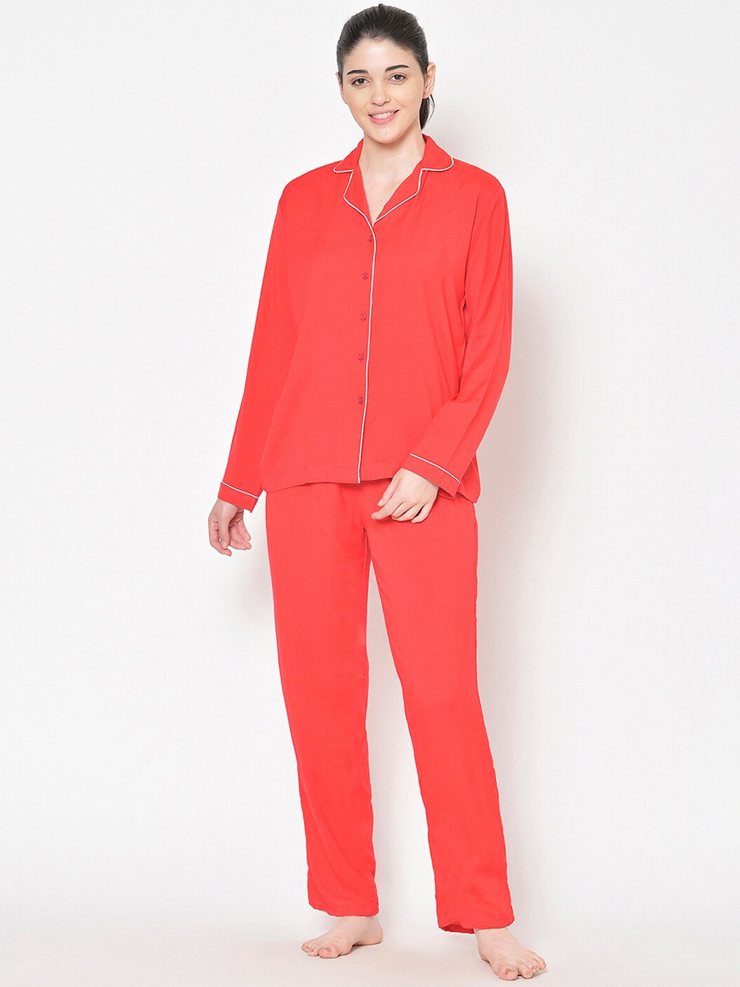 Cation Women Coral Red Solid Night Suit