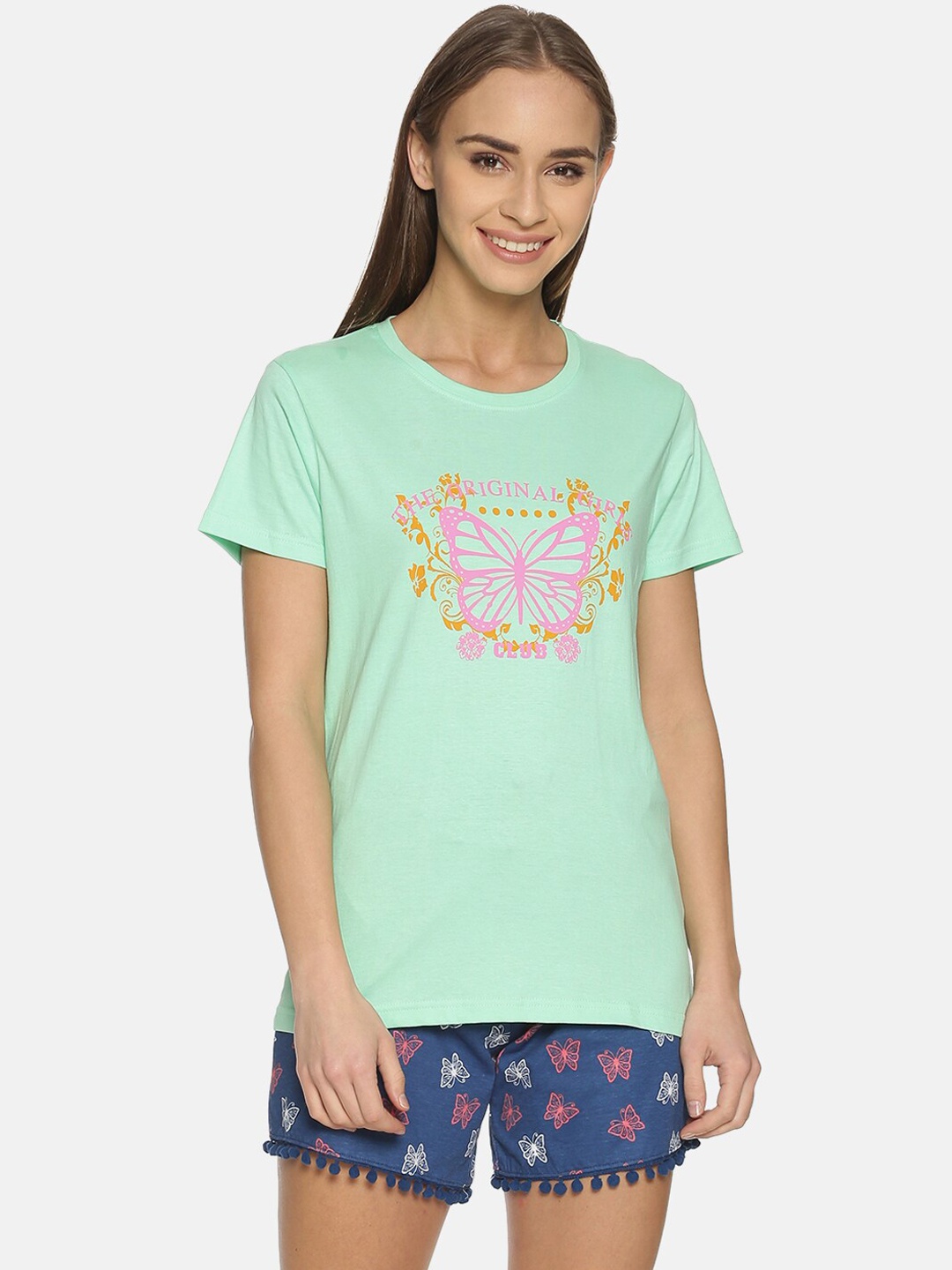 

Kryptic Women Green & Blue Printed Cotton Night Suit