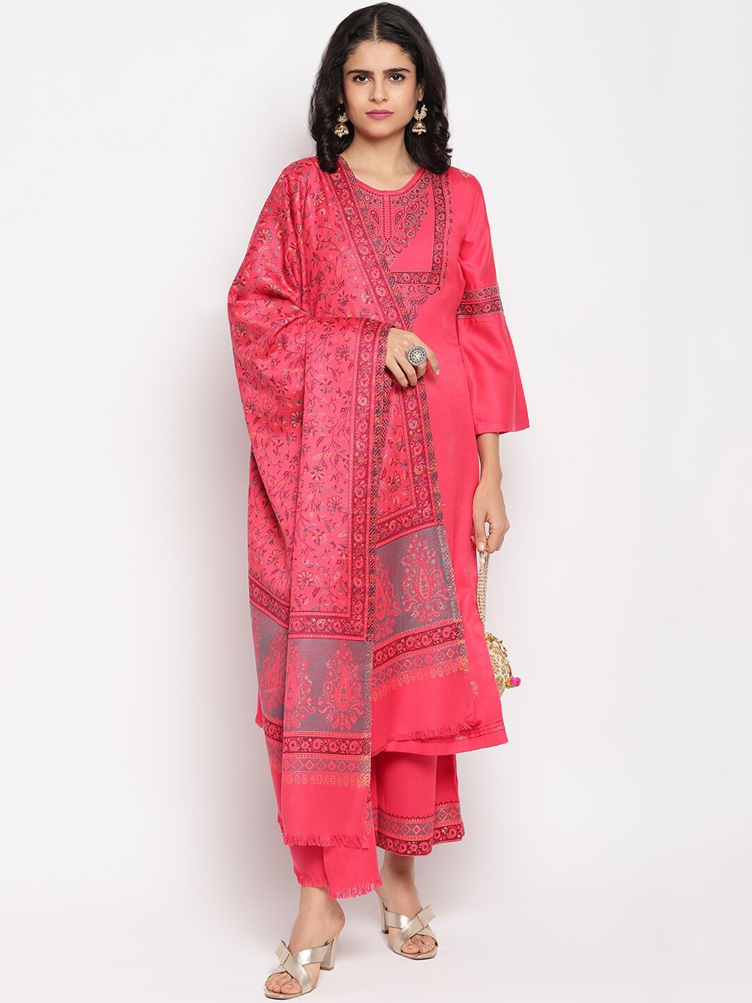 

HK colours of fashion Coral Pink Woven Design Unstitched Dress Material