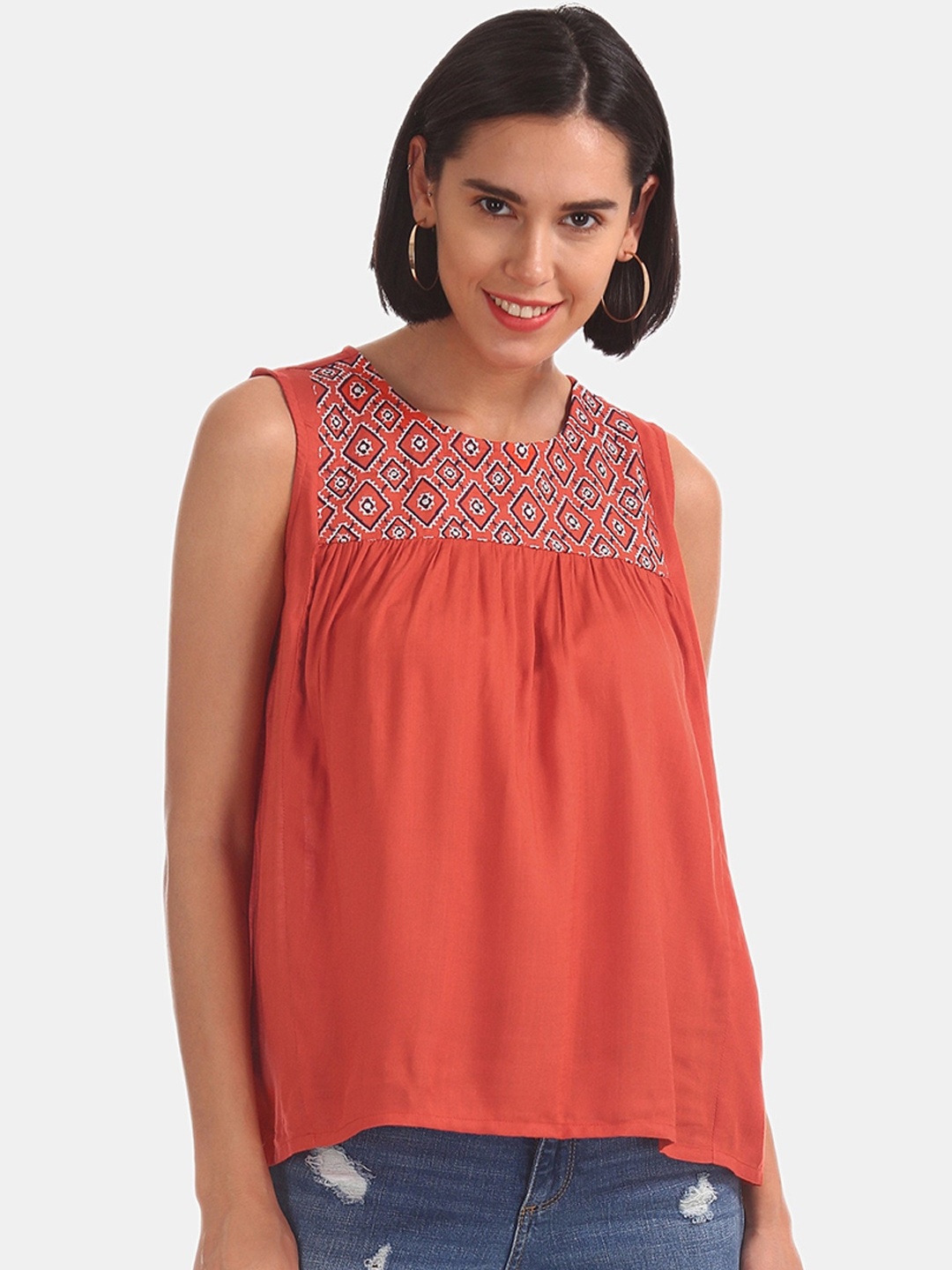 

Bronz Women Orange Embroidered A-Line Top