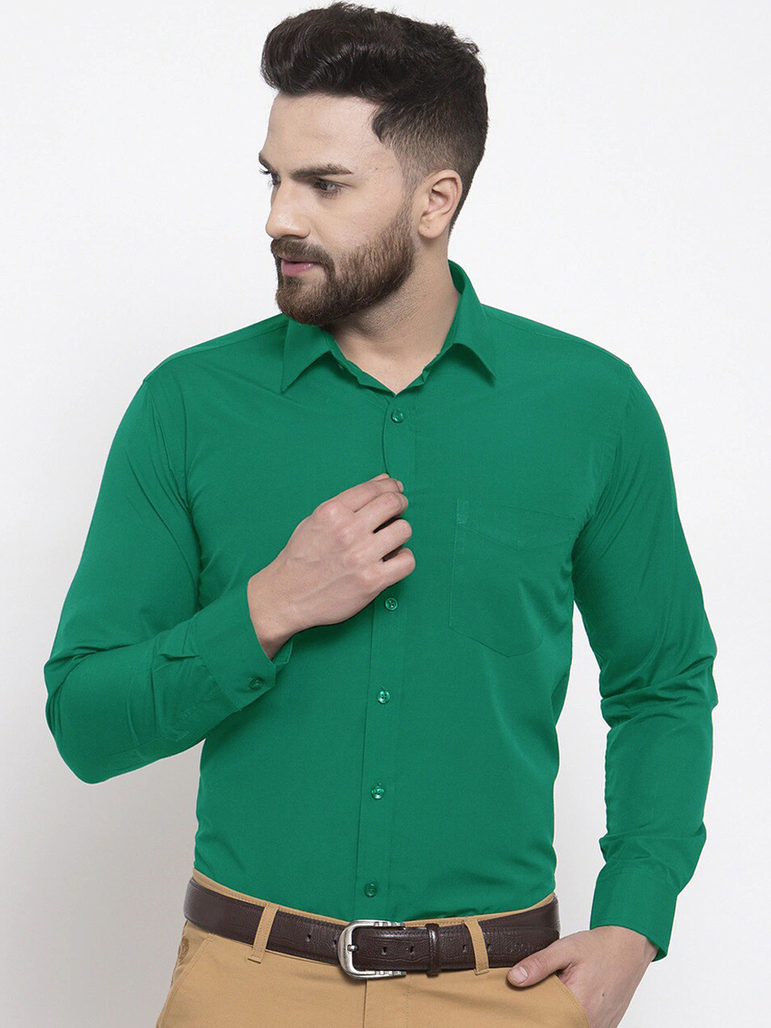 

English Navy Men Green Slim Fit Solid Formal Shirt