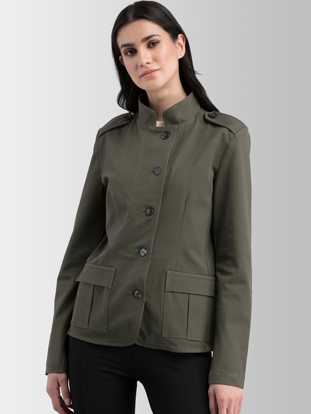 

FableStreet Women Olive Green Solid Tailored Jacket