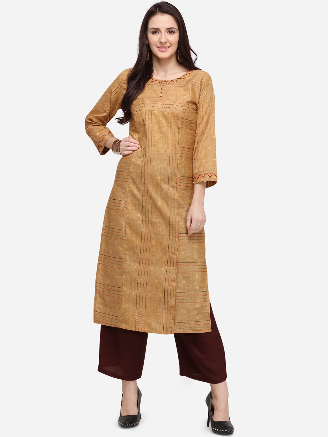 

Youthnic Women Beige Embroidered Straight Kurta