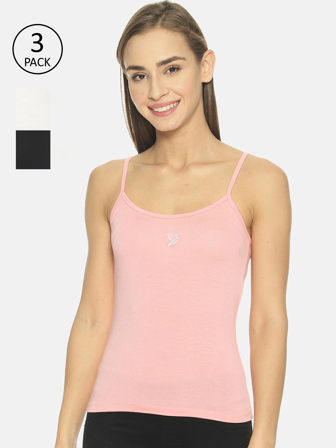 

TWIN BIRDS Women Pack Of 3 Pink, White & Black Solid Camisoles, Multi