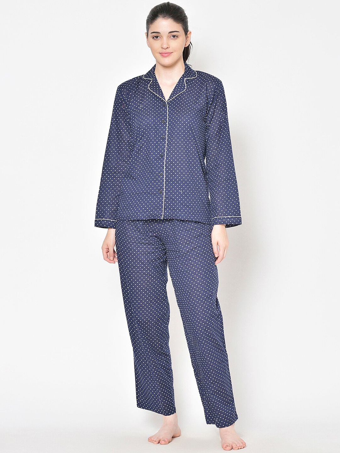 

Cation Women Navy Blue & White Printed Night suit