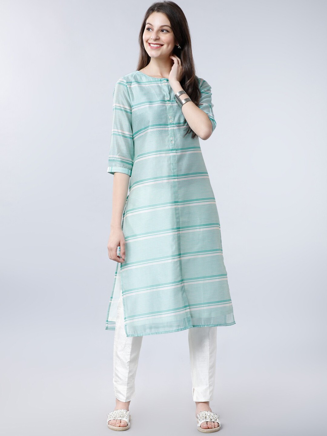 

Vishudh Women Sea Green & White Striped A-Line Kurta