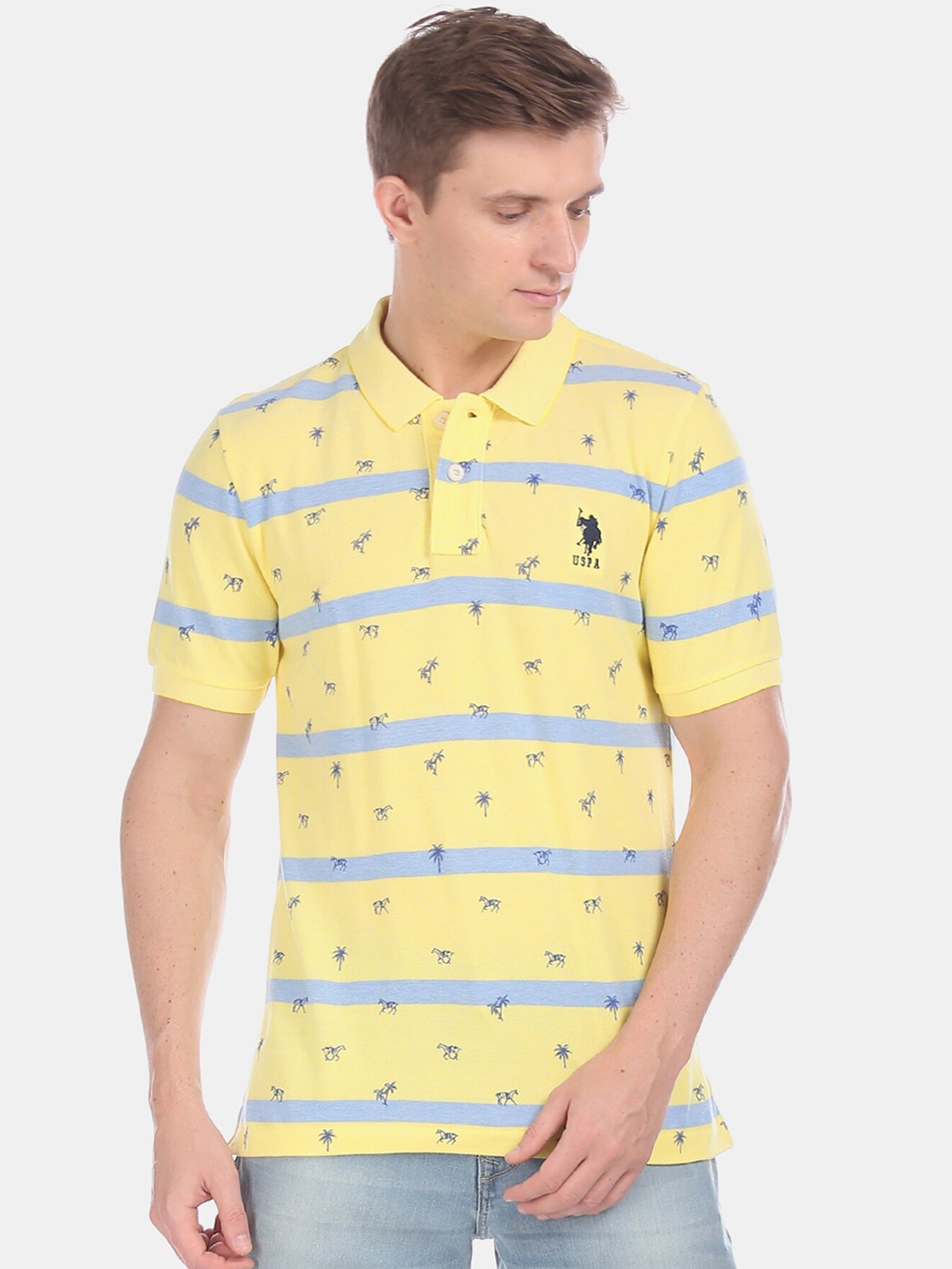 

U.S. Polo Assn. Men Yellow Striped Polo Collar Pure Cotton T-shirt