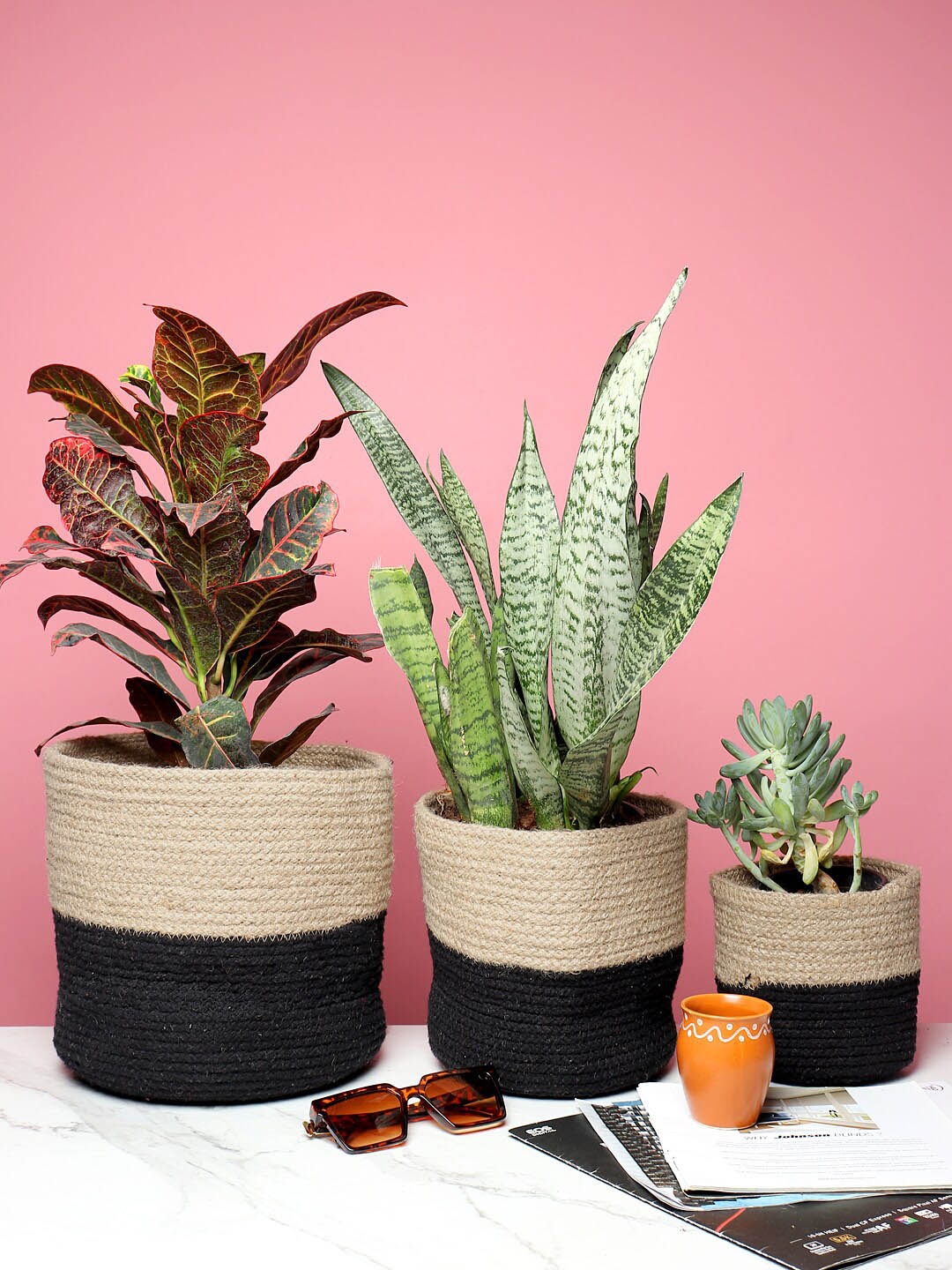 

HABERE INDIA Set Of 3 Black & Beige Colourblocked Handwoven Sustainable Planters