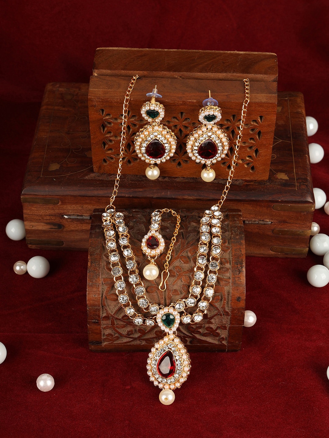

ANIKAS CREATION Gold-Plated White & Red Stone Studded Beaded Handcrafted Jewellery Set