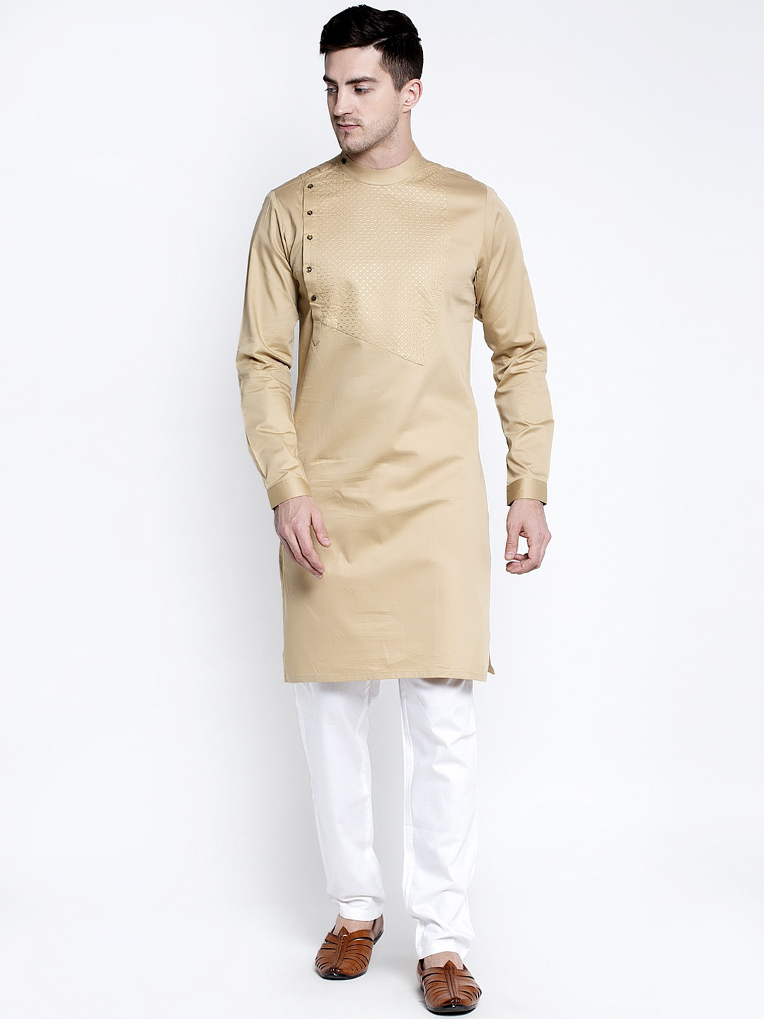 

MAXENCE Men Beige & White Designer Solid Kurta with Churidar