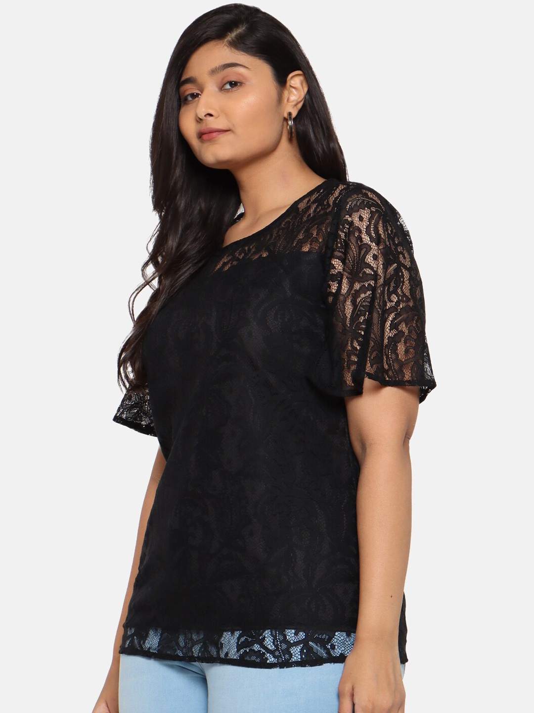 

The Pink Moon Women Black Lace Trimmed Top