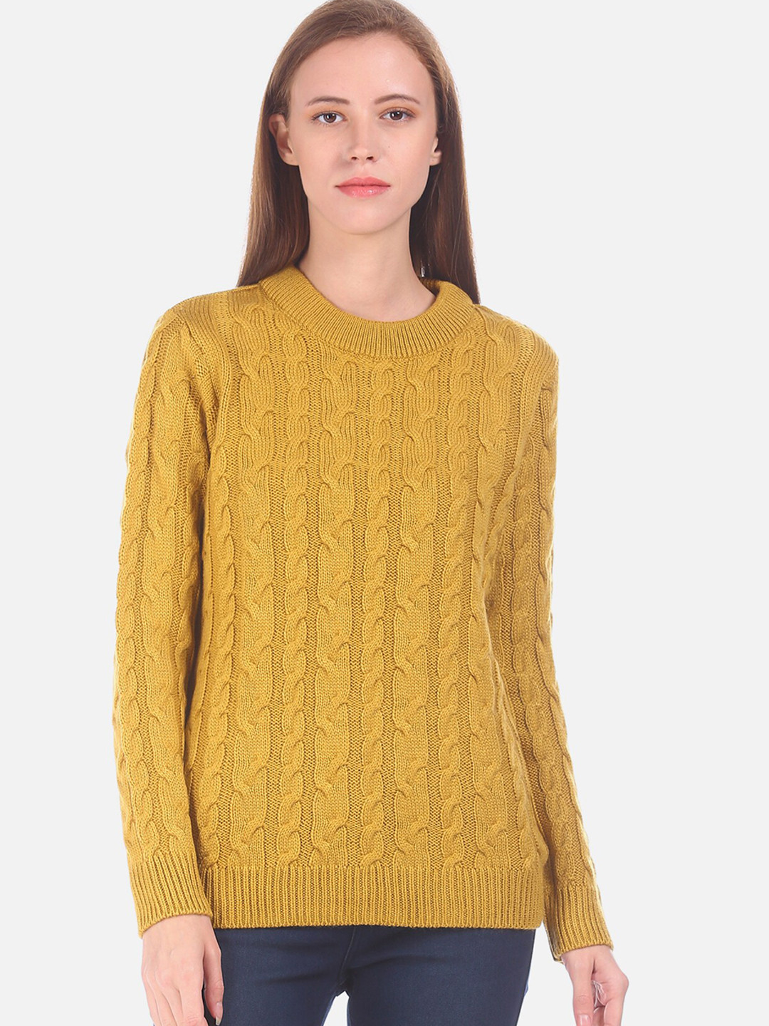 

Sugr Women Mustard Yellow Woven Design Pullover Sweater