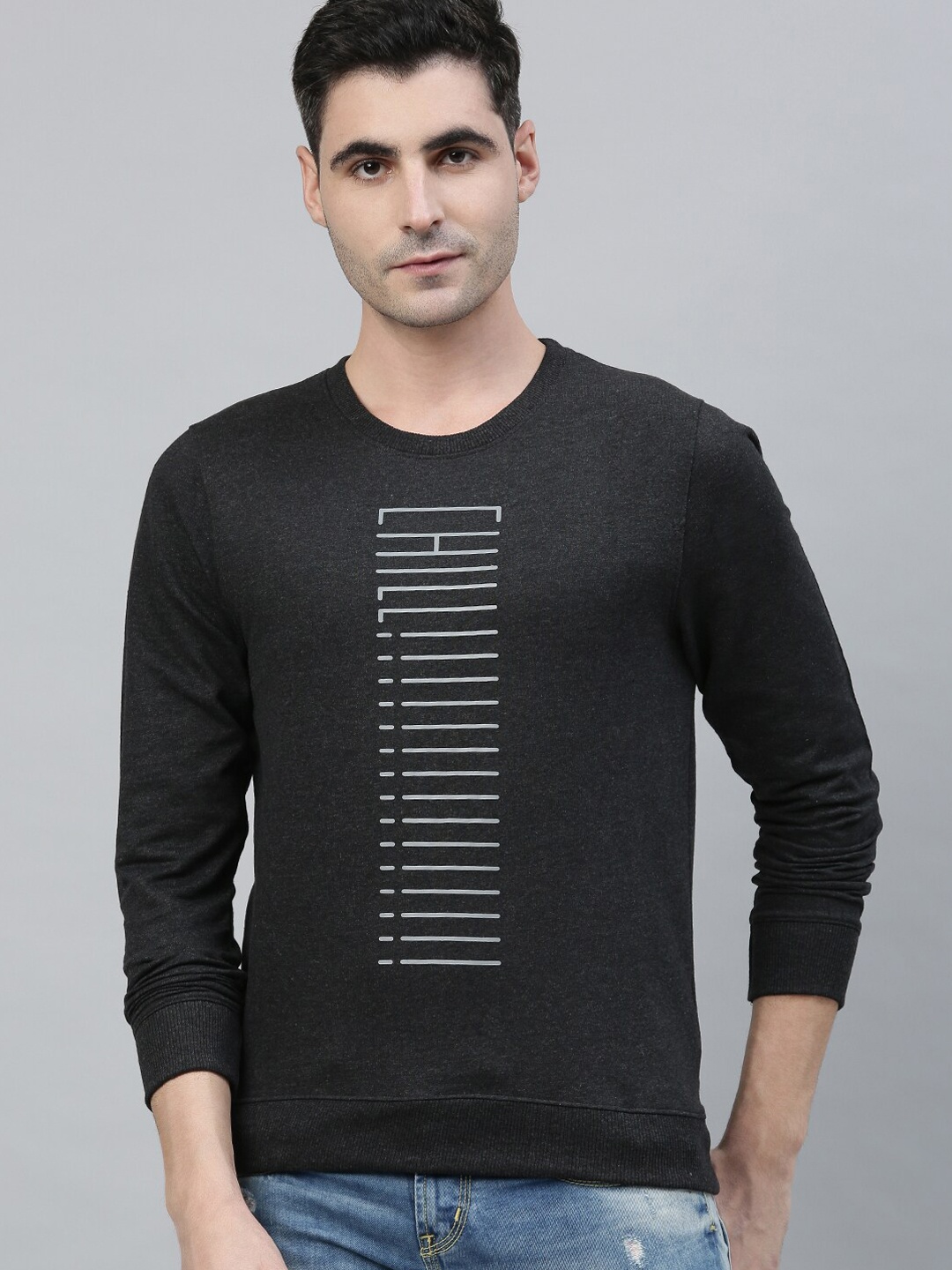 Kryptic Men Charcoal Grey Printed Sweatshirt