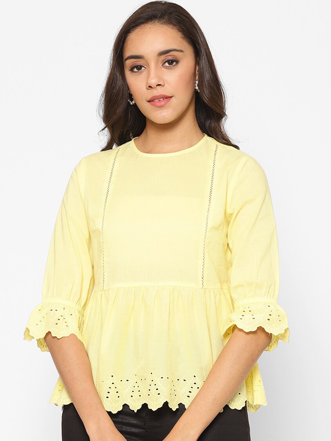 

HOUSE OF KKARMA Women Yellow Self Design Peplum Pure Cotton Top