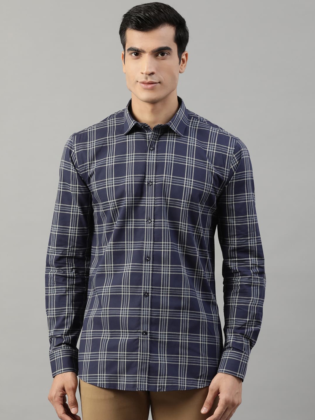 

HARSAM Men Navy Blue Slim Fit Checked Casual Shirt